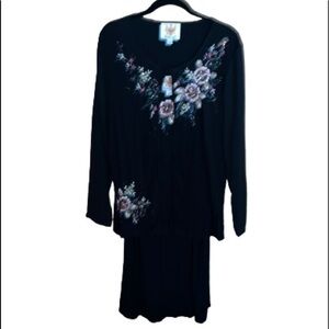 Ameri Mode black embroidered floral pattern strapless dress and cardigan size L